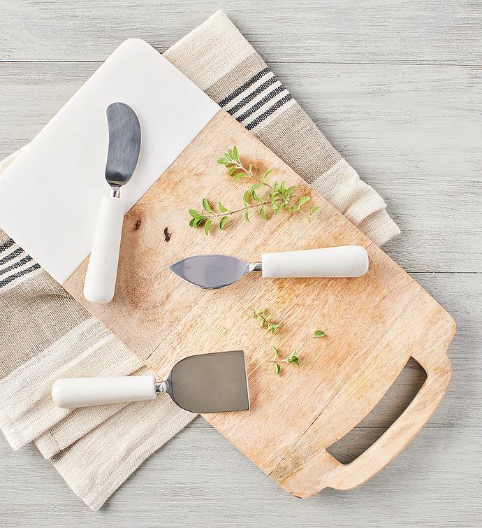 White Marble and Wood Cutting Board with Cheese Knives